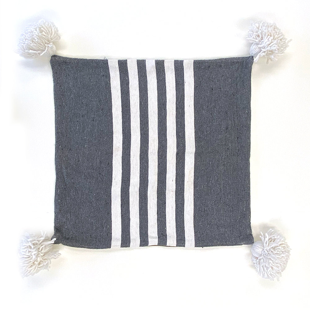 Moroccan Grey and White Stripe Pillow Shell with Tassels